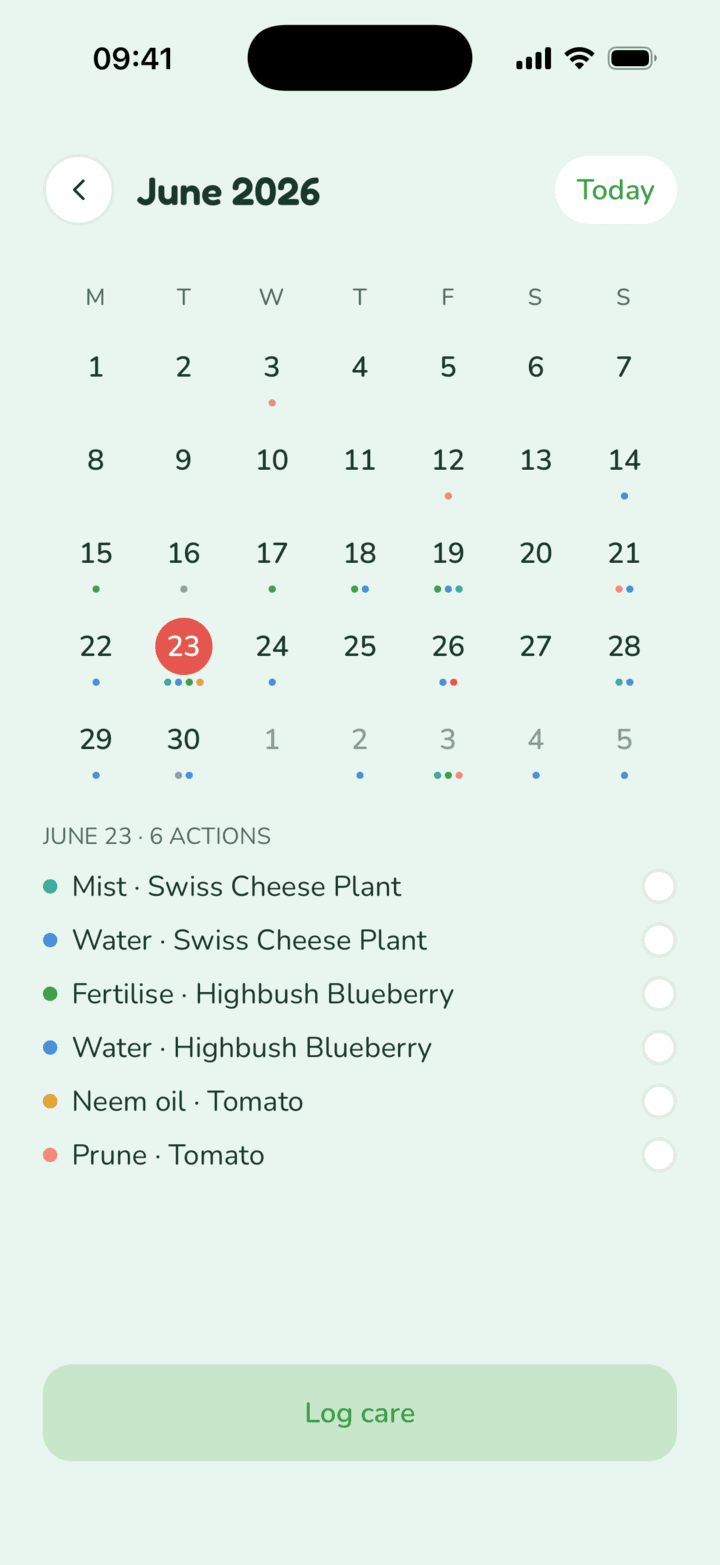 Care calendar screen with the day’s tasks for each plant
